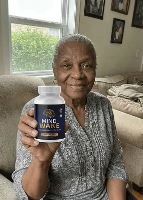 Linda R. holding a bottle of MindWake